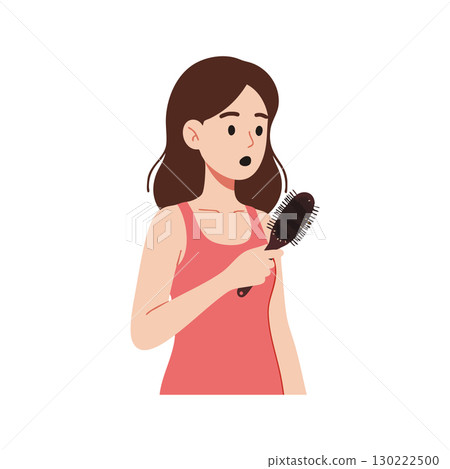 Woman in red tank top surprised by hairbrush hair fall vector illustration 130222500