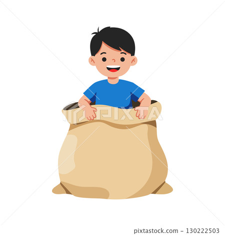 Happy boy sitting inside large beige sack playful childhood activity vector illustration 130222503