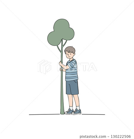 Boy hugging small tree illustration in simple nature environment vector art 130222506