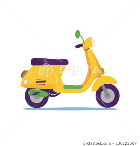 Yellow classic scooter vector illustration with purple seat and green details side view 130222507