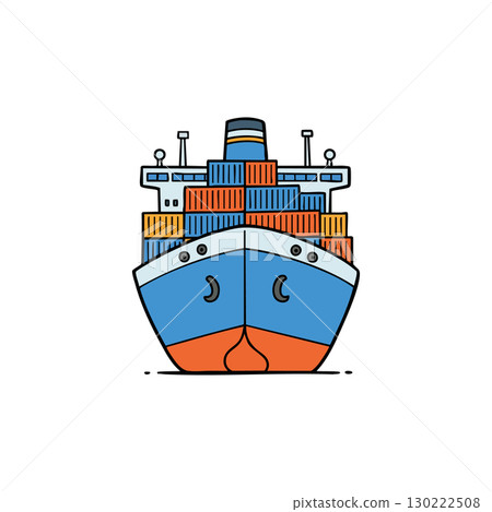 Cargo ship front view with stacked containers vector illustration in blue and orange colors 130222508