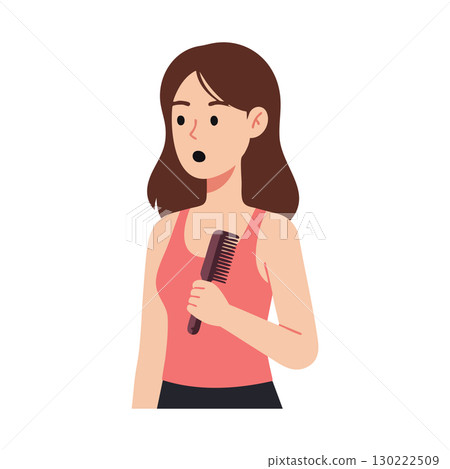 Young woman holding comb in surprised expression vector illustration with brown hair and pink top 130222509