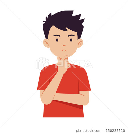 Young boy thinking with hand on chin wearing red shirt vector illustration 130222510