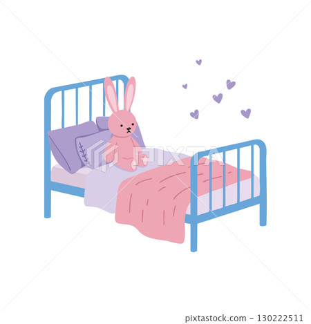 Childrens bedroom bed with pink bunny stuffed animal and purple hearts vector illustration 130222511