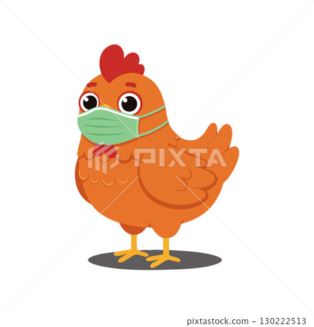 Chicken wearing green face mask standing cartoon vector illustration with orange and red colors 130222513