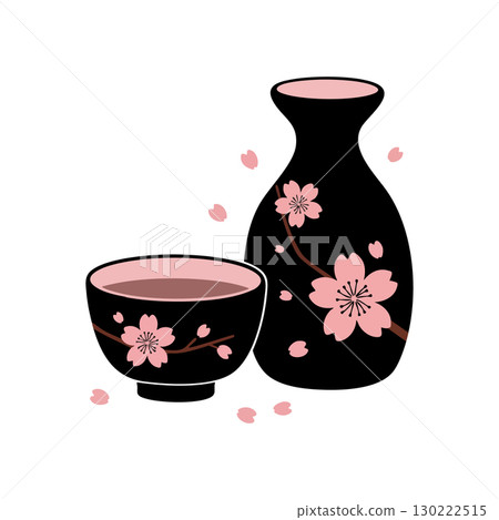 Japanese sake set with black and pink cherry blossom decorated cup and bottle vector illustration 130222515