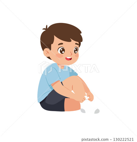 Happy young boy sitting putting on white socks in casual outfit vector illustration Happy young boy sitting putting on white socks in casual outfit vector illustration 130222521