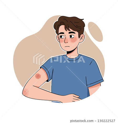 Young boy with arm rash wearing blue shirt vector illustration in modern style 130222527