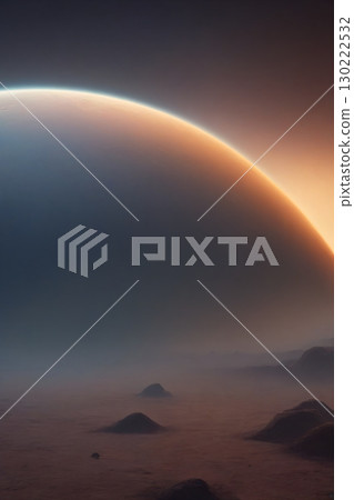 Shrouded stellar objects and planets drift in mist, evoking eerie wonder - ai generated 130222532