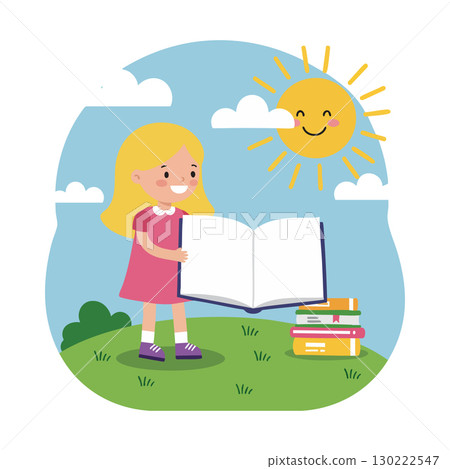Little girl holding large open book on green grass with smiling sun and clouds vector illustration 130222547