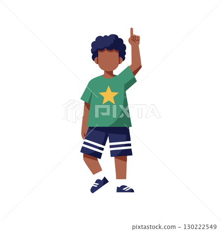 Boy in green shirt with star raising finger casual pose vector illustration 130222549