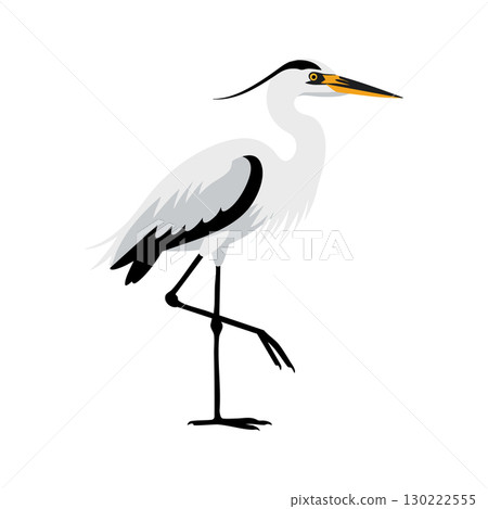 White Heron Bird Standing on One Leg Vector Illustration with Black and Orange Details 130222555