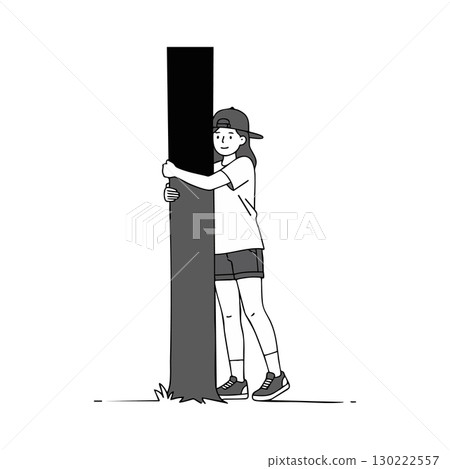 Girl hugging tree with cap and casual clothes simple vector illustration 130222557