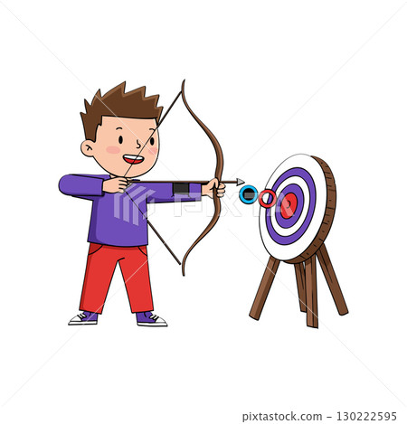 Boy practicing archery with bow and target in colorful vector illustration 130222595
