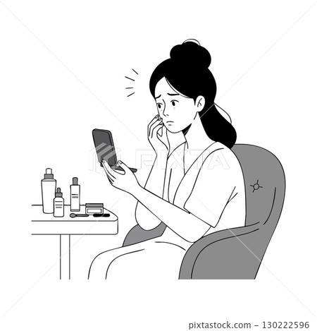 Woman Checking Skin Care Results in Mirror with Beauty Products on Table Vector Illustration 130222596