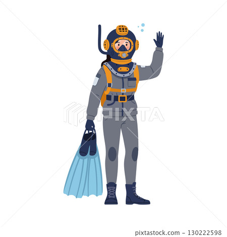 Diver in Vintage Deep Sea Diving Suit Holding Flippers and Waving Hand Vector Illustration 130222598