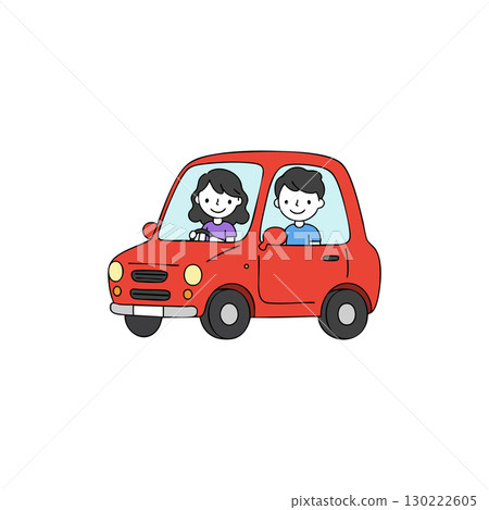 Red small car with happy man and woman driving vector illustration 130222605