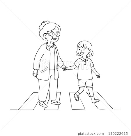 Elderly woman holding hand of child crossing street on pedestrian crossing vector illustration 130222615