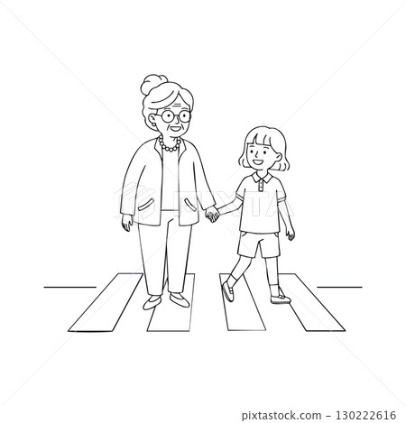 Elderly woman holding granddaughter hand crossing street vector illustration simple line art Elderly woman holding granddaughter hand crossing street vector illustration simple line art 130222616