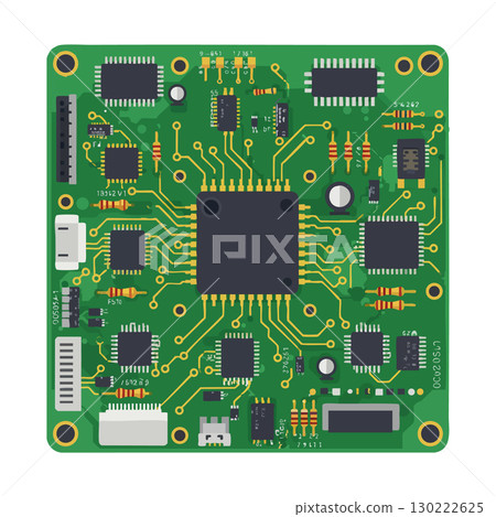 Printed circuit board with integrated circuits and electronic components vector illustration 130222625