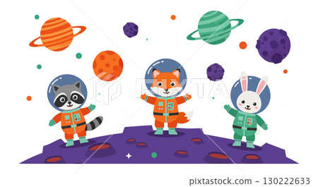 Cute raccoon fox and rabbit astronauts exploring colorful planets in space vector illustration 130222633