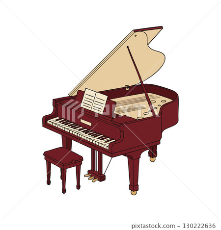 Grand piano with stool and sheet music vector illustration in brown and beige colors 130222636