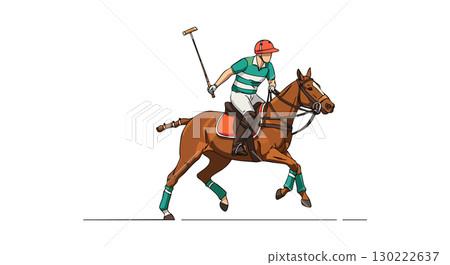 Polo player riding horse hitting ball with mallet in sport competition vector illustration Polo player riding horse hitting ball with mallet in sport competition vector illustration 130222637