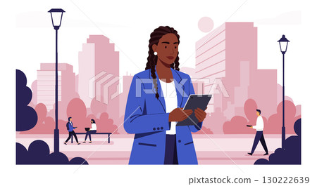 Businesswoman Using Digital Tablet in Urban Park with Cityscape Background Vector Illustration 130222639