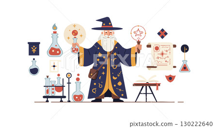 Wizard character with magical potions and alchemy laboratory vector illustration 130222640
