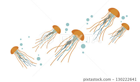 Jellyfish Vector Illustration with Orange Caps and Tentacles in Ocean Scene 130222641