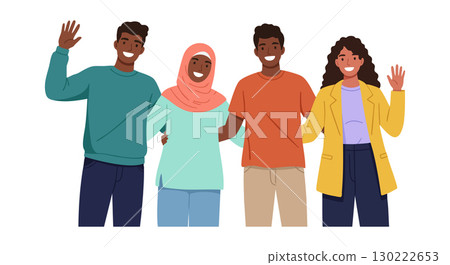 Diverse group of smiling friends waving hands together casual clothing vector illustration 130222653