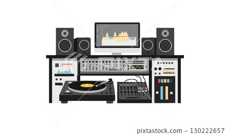 Music production studio setup with turntable mixer speakers and computer monitor vector illustration 130222657