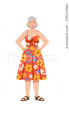 Older woman in red floral dress with yellow flowers and glasses standing confidently vector illustration Older woman in red floral dress with yellow flowers and glasses standing confidently vector illustration 130222664