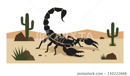 Scorpion desert wildlife with cacti and rocks vector illustration in arid landscape Scorpion desert wildlife with cacti and rocks vector illustration in arid landscape 130222666