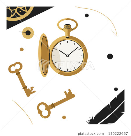 Vintage golden pocket watch and old keys vector illustration with black and gold accents 130222667