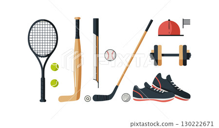 Sports Equipment Collection with Tennis, Baseball, Hockey, and Fitness Items Vector Illustration 130222671