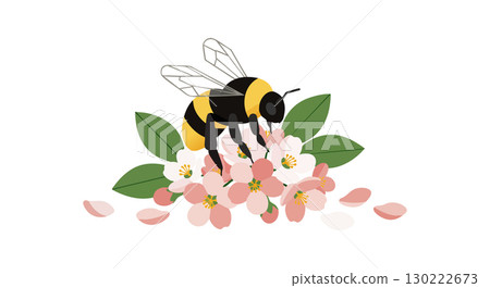 Bee on pink flowers with green leaves vector illustration in nature scene Bee on pink flowers with green leaves vector illustration in nature scene 130222673