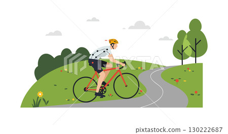 Cyclist riding road bike on winding path through green park landscape with trees and flowers Cyclist riding road bike on winding path through green park landscape with trees and flowers 130222687