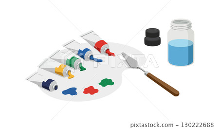 Set of paint tubes with palette knife and glass jar for painting art supplies vector illustration Set of paint tubes with palette knife and glass jar for painting art supplies vector illustration 130222688