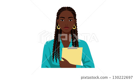 African American woman with clipboard wearing teal shirt and gold earrings vector illustration African American woman with clipboard wearing teal shirt and gold earrings vector illustration 130222697