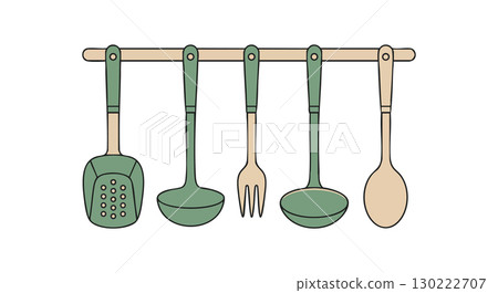 Kitchen utensils hanging on wooden rack in green and beige colors vector illustration Kitchen utensils hanging on wooden rack in green and beige colors vector illustration 130222707