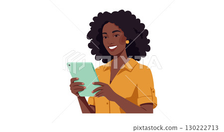 Woman using digital tablet with curly hair in yellow shirt vector illustration 130222713