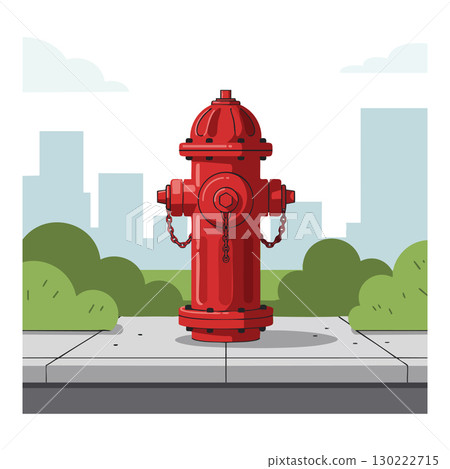 Red Fire Hydrant on Urban Sidewalk with Cityscape Background Vector Illustration 130222715