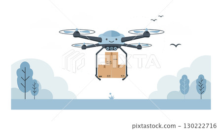 Delivery drone carrying package over landscape with birds and trees vector illustration 130222716
