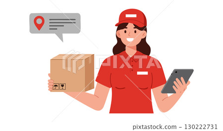 Delivery woman holding package and digital tablet with location notification vector illustration 130222731