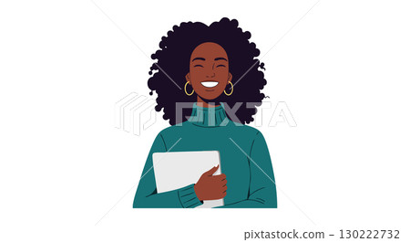 Smiling African American Woman Holding Book in Blue Sweater Vector Illustration 130222732