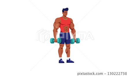 Muscular man exercising with dumbbells in red shirt and blue shorts vector illustration 130222738