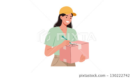Woman wearing yellow cap holding pink box smiling delivery illustration vector 130222742