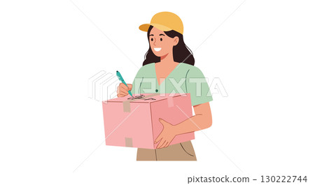 Woman holding pink box writing on label with pen casual lifestyle activity vector illustration 130222744