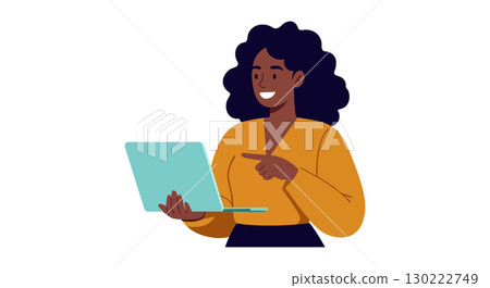 Woman Using Laptop Smiling and Pointing at Screen Vector Illustration Woman Using Laptop Smiling and Pointing at Screen Vector Illustration 130222749